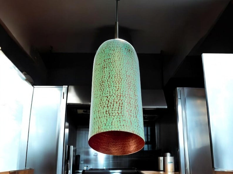 Handmade Moroccan Brass Pendant Light – Tall Capsule Ceiling Lamp with Mint Green Patina, Hammered Copper Interior & Modern Cylinder Design