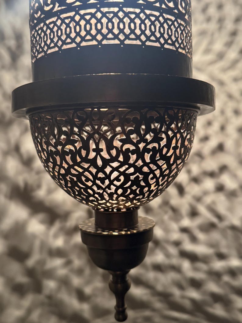 Moroccan Pierced Cylinder Lantern Pendant Light, Handmade Moorish Filigree Hanging Lamp, Boho Arabic Shadow Chandelier, Rustic Black Metal Ceiling Light Fixture