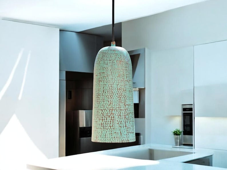 Handmade Moroccan Brass Pendant Light – Tall Capsule Ceiling Lamp with Mint Green Patina, Hammered Copper Interior & Modern Cylinder Design