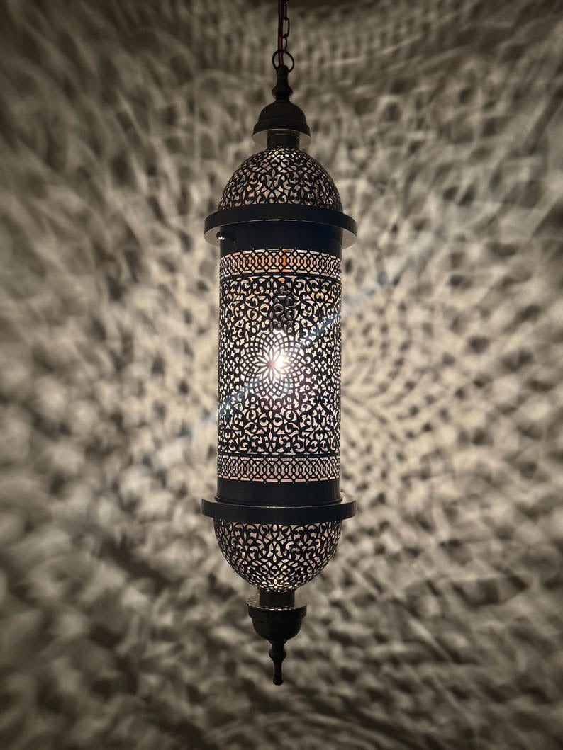 Moroccan Pierced Cylinder Lantern Pendant Light, Handmade Moorish Filigree Hanging Lamp, Boho Arabic Shadow Chandelier, Rustic Black Metal Ceiling Light Fixture