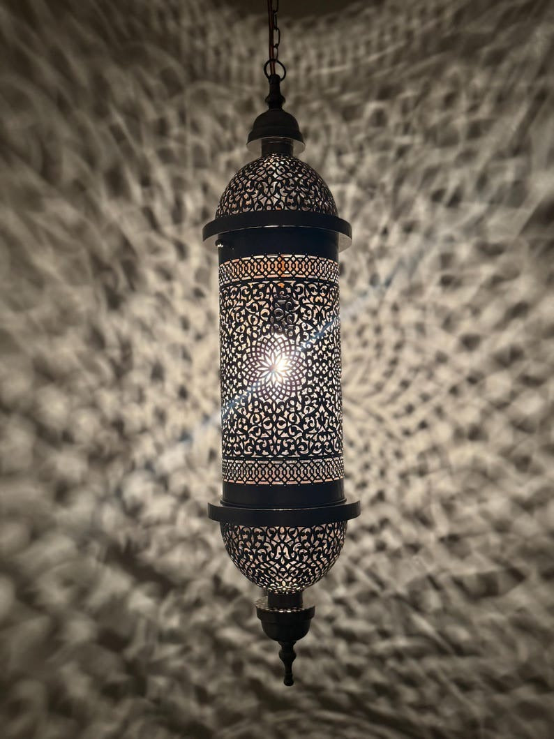 Moroccan Pierced Cylinder Lantern Pendant Light, Handmade Moorish Filigree Hanging Lamp, Boho Arabic Shadow Chandelier, Rustic Black Metal Ceiling Light Fixture