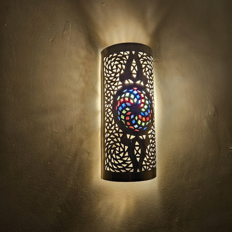 Handmade Moroccan Brass Wall Sconce – Pierced Cylinder Wall Light with Multicolor Mosaic Glass Accent, Moorish Geometric Bedroom & Living Room Lighting