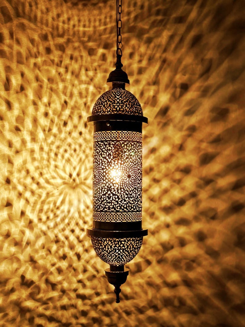 Moroccan Pierced Cylinder Lantern Pendant Light, Handmade Moorish Filigree Hanging Lamp, Boho Arabic Shadow Chandelier, Rustic Black Metal Ceiling Light Fixture