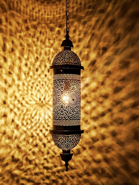 Moroccan Pierced Cylinder Lantern Pendant Light, Handmade Moorish Filigree Hanging Lamp, Boho Arabic Shadow Chandelier, Rustic Black Metal Ceiling Light Fixture