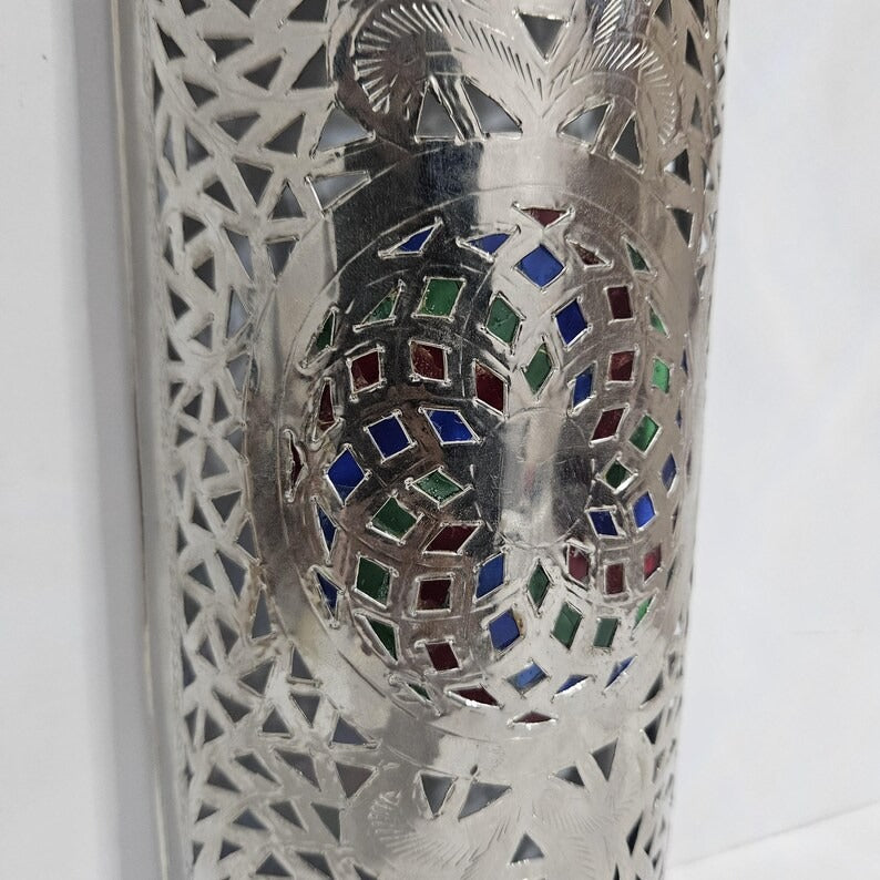 Handmade Moroccan Brass Wall Sconce – Pierced Cylinder Wall Light with Multicolor Mosaic Glass Accent, Moorish Geometric Bedroom & Living Room Lighting