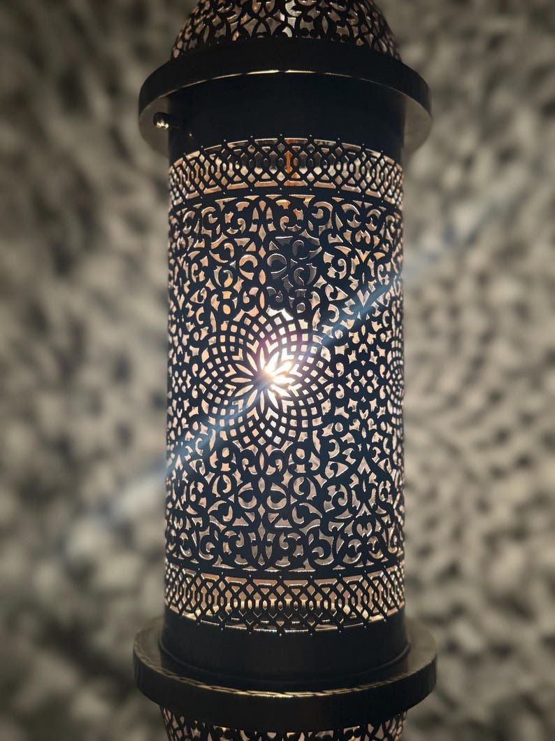 Moroccan Pierced Cylinder Lantern Pendant Light, Handmade Moorish Filigree Hanging Lamp, Boho Arabic Shadow Chandelier, Rustic Black Metal Ceiling Light Fixture