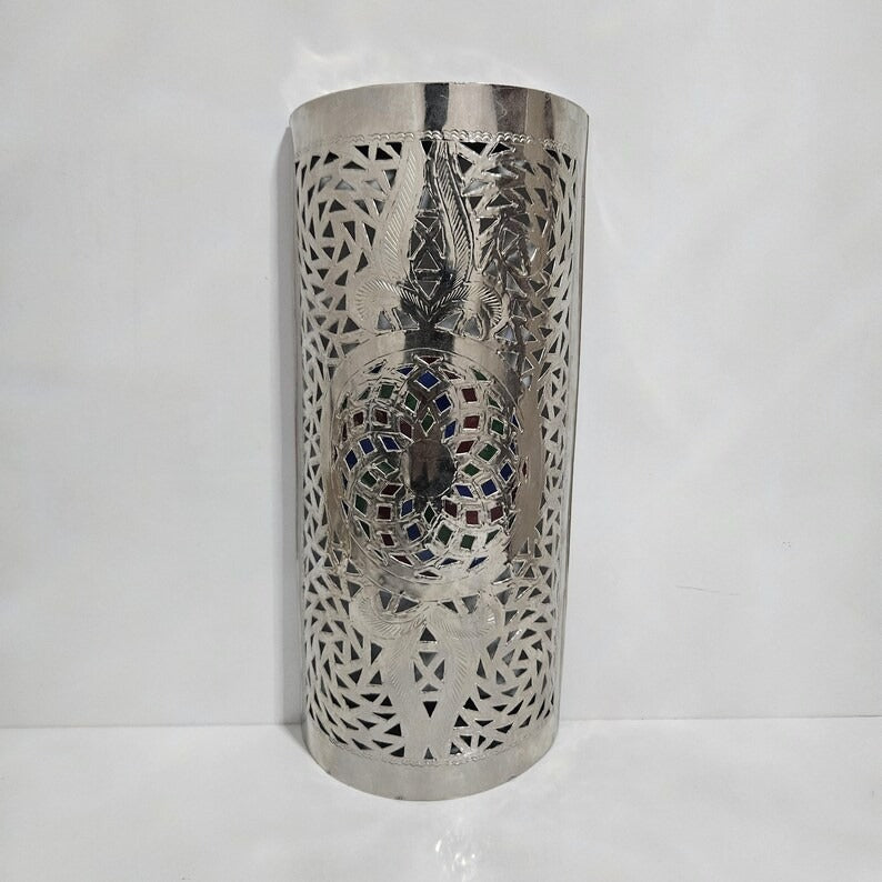 Handmade Moroccan Brass Wall Sconce – Pierced Cylinder Wall Light with Multicolor Mosaic Glass Accent, Moorish Geometric Bedroom & Living Room Lighting