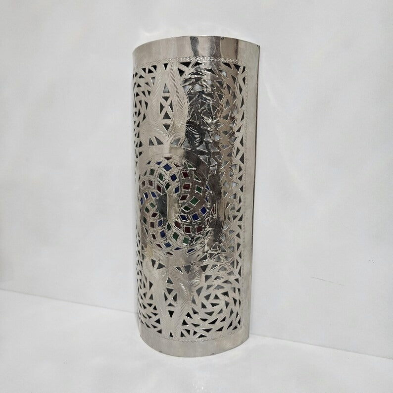 Handmade Moroccan Brass Wall Sconce – Pierced Cylinder Wall Light with Multicolor Mosaic Glass Accent, Moorish Geometric Bedroom & Living Room Lighting