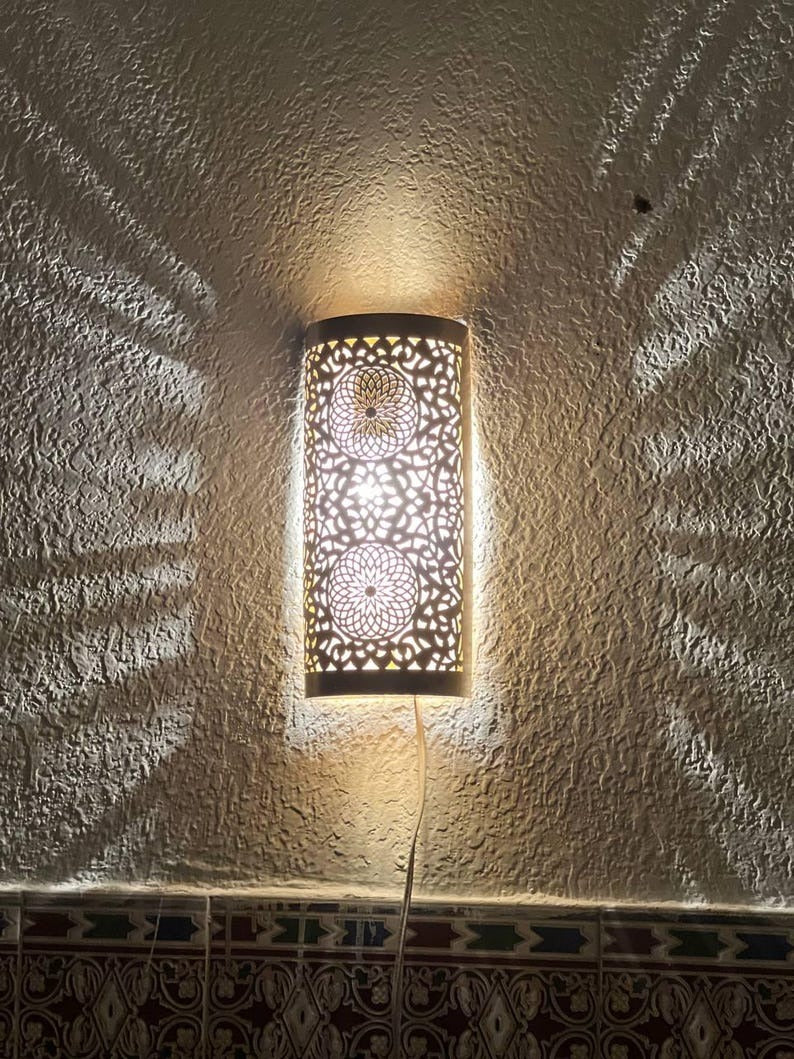 Handmade Brass Moroccan Wall Sconce – Cylindrical Pierced Brass Wall Light, Boho Shadow Lamp, Artisan Brass Wall Lighting Fixture