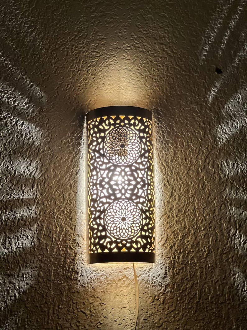 Handmade Brass Moroccan Wall Sconce – Cylindrical Pierced Brass Wall Light, Boho Shadow Lamp, Artisan Brass Wall Lighting Fixture