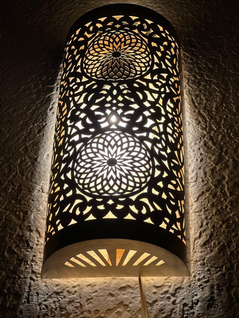 Handmade Brass Moroccan Wall Sconce – Cylindrical Pierced Brass Wall Light, Boho Shadow Lamp, Artisan Brass Wall Lighting Fixture