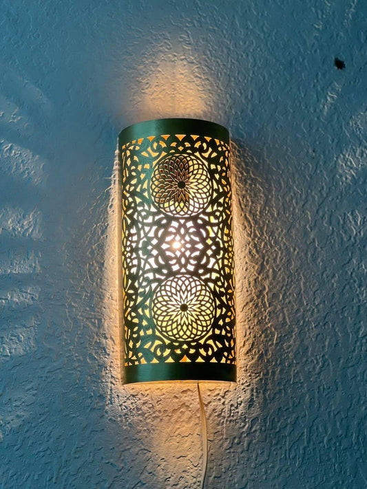 Handmade Brass Moroccan Wall Sconce – Cylindrical Pierced Brass Wall Light, Boho Shadow Lamp, Artisan Brass Wall Lighting Fixture