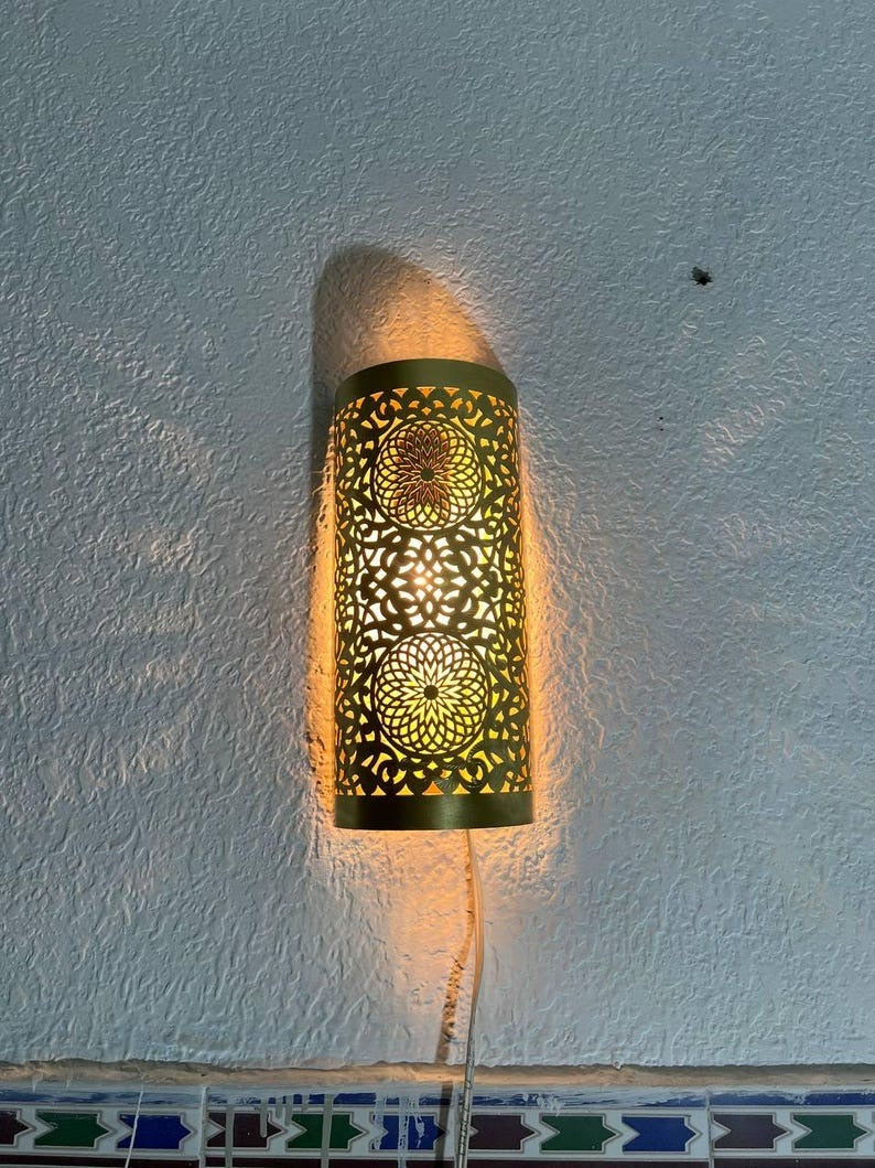 Handmade Brass Moroccan Wall Sconce – Cylindrical Pierced Brass Wall Light, Boho Shadow Lamp, Artisan Brass Wall Lighting Fixture