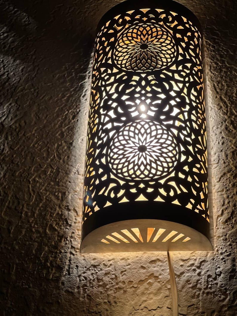 Handmade Brass Moroccan Wall Sconce – Cylindrical Pierced Brass Wall Light, Boho Shadow Lamp, Artisan Brass Wall Lighting Fixture