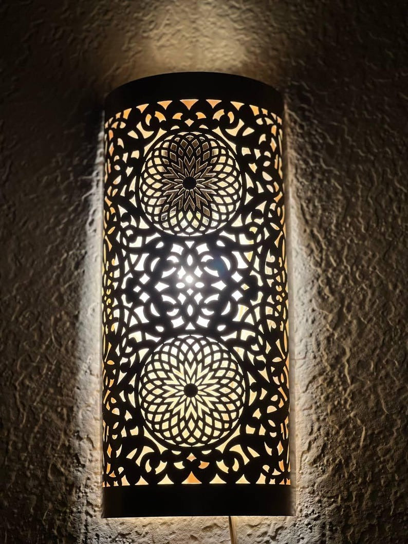 Handmade Brass Moroccan Wall Sconce – Cylindrical Pierced Brass Wall Light, Boho Shadow Lamp, Artisan Brass Wall Lighting Fixture
