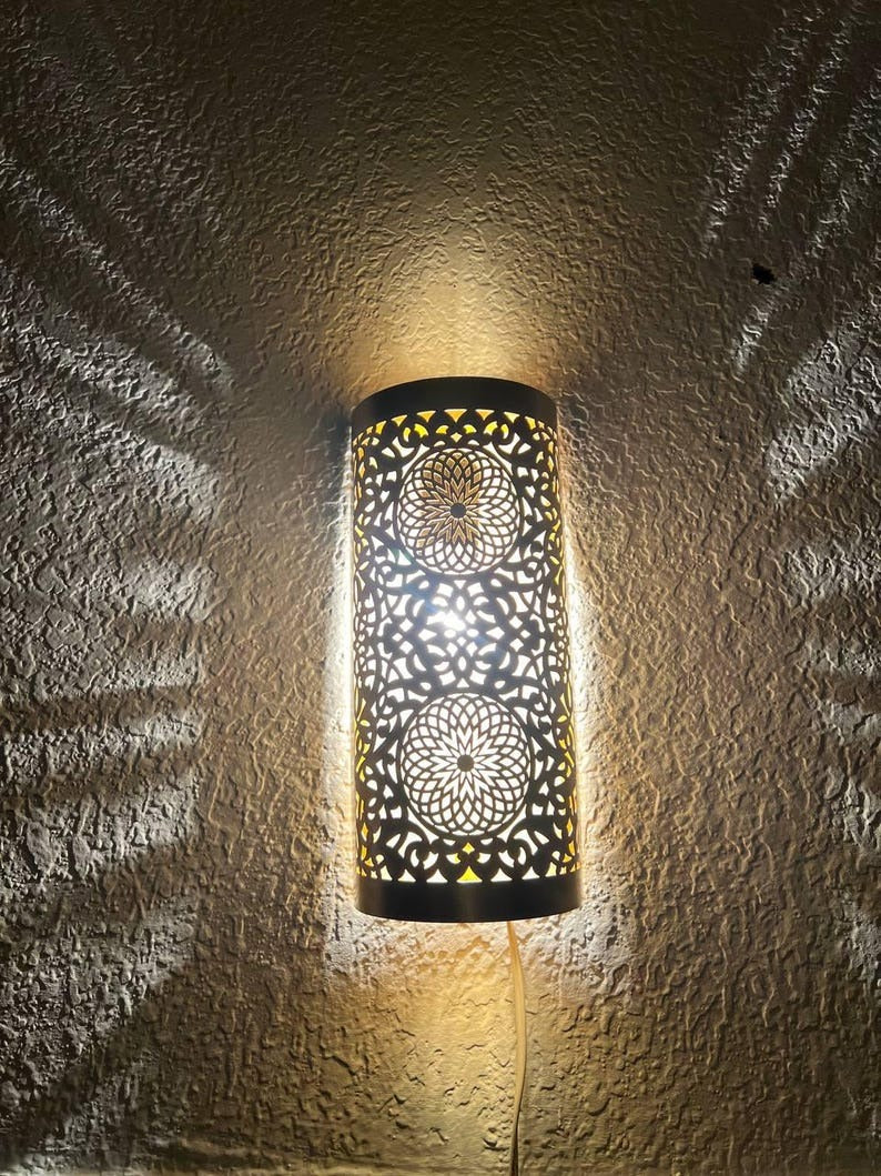 Handmade Brass Moroccan Wall Sconce – Cylindrical Pierced Brass Wall Light, Boho Shadow Lamp, Artisan Brass Wall Lighting Fixture