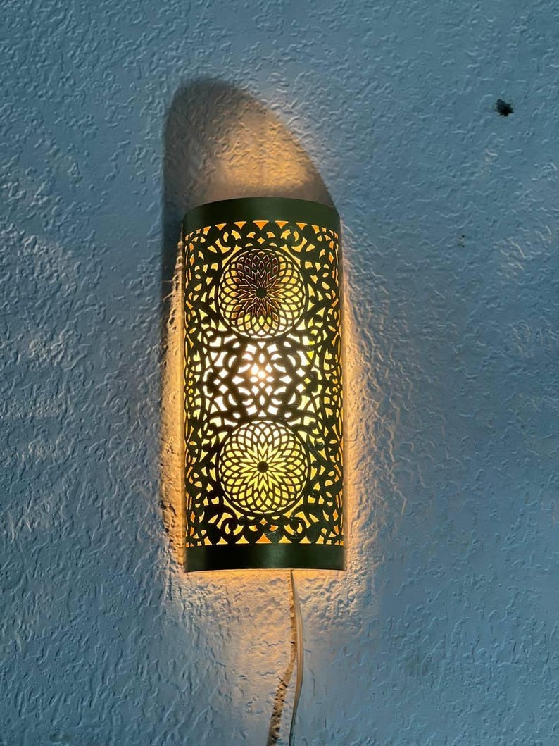 Handmade Brass Moroccan Wall Sconce – Cylindrical Pierced Brass Wall Light, Boho Shadow Lamp, Artisan Brass Wall Lighting Fixture