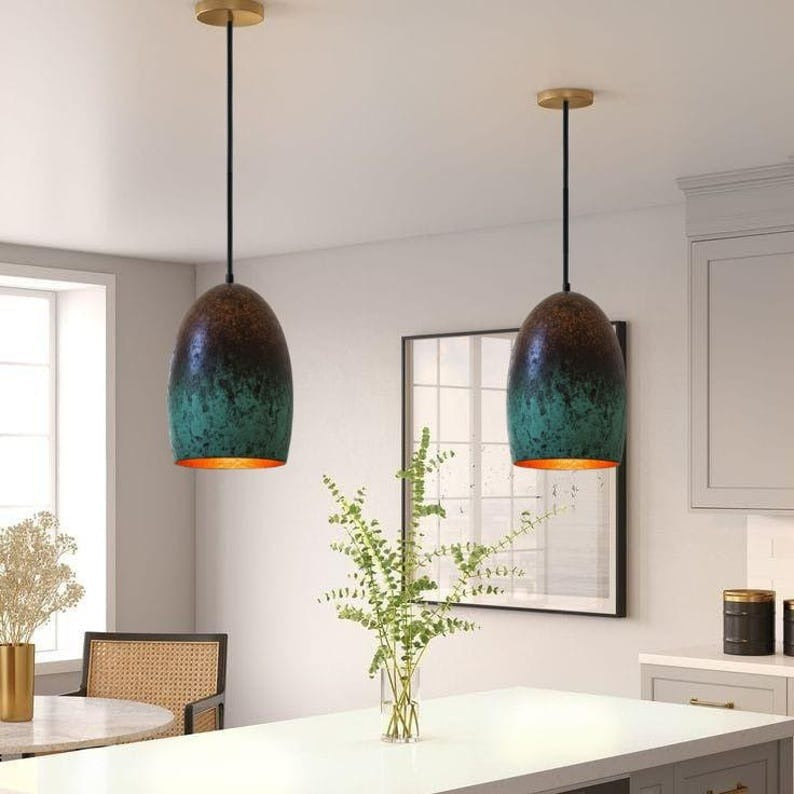 Handmade Green Patina Brass Pendant Light – Moroccan Oval Dome Hanging Lamp with Dark Antique Finish for Kitchen Island, Dining Room & Boho Home Décor