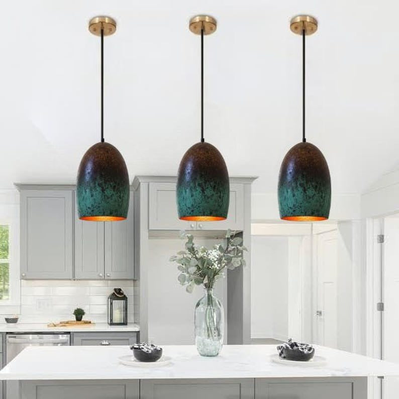 Handmade Green Patina Brass Pendant Light – Moroccan Oval Dome Hanging Lamp with Dark Antique Finish for Kitchen Island, Dining Room & Boho Home Décor