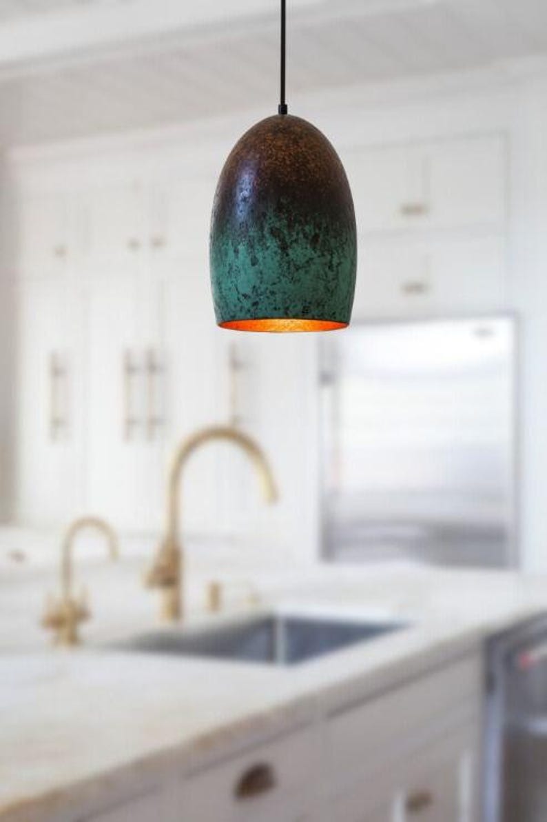 Handmade Green Patina Brass Pendant Light – Moroccan Oval Dome Hanging Lamp with Dark Antique Finish for Kitchen Island, Dining Room & Boho Home Décor