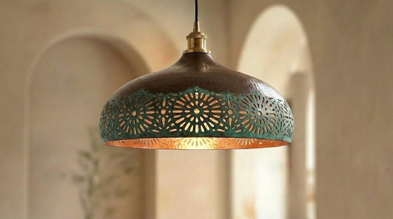 Handmade Moroccan Brass Pendant Light – Dark Bronze Dome with Green Verdigris Floral Cutouts and Warm Copper Interior