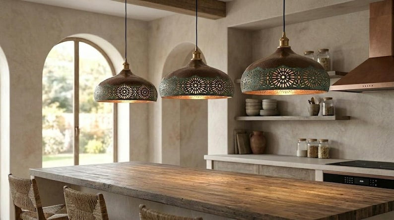 Handmade Moroccan Brass Pendant Light – Dark Bronze Dome with Green Verdigris Floral Cutouts and Warm Copper Interior