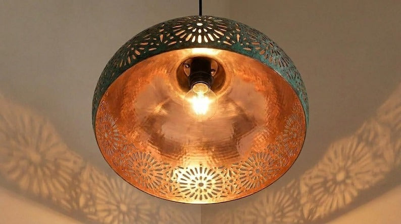 Handmade Moroccan Brass Pendant Light – Dark Bronze Dome with Green Verdigris Floral Cutouts and Warm Copper Interior