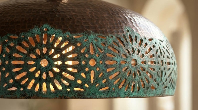 Handmade Moroccan Brass Pendant Light – Dark Bronze Dome with Green Verdigris Floral Cutouts and Warm Copper Interior