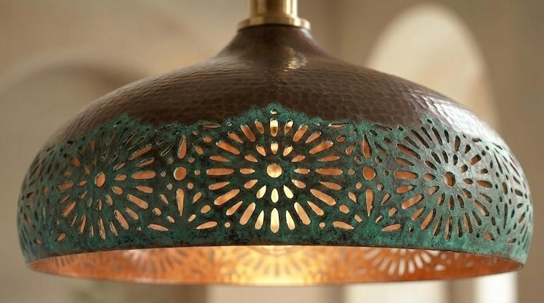 Handmade Moroccan Brass Pendant Light – Dark Bronze Dome with Green Verdigris Floral Cutouts and Warm Copper Interior