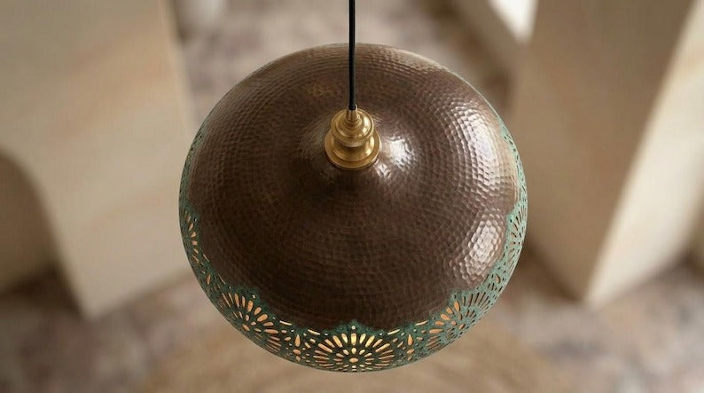 Handmade Moroccan Brass Pendant Light – Dark Bronze Dome with Green Verdigris Floral Cutouts and Warm Copper Interior