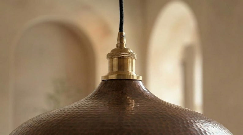 Handmade Moroccan Brass Pendant Light – Dark Bronze Dome with Green Verdigris Floral Cutouts and Warm Copper Interior