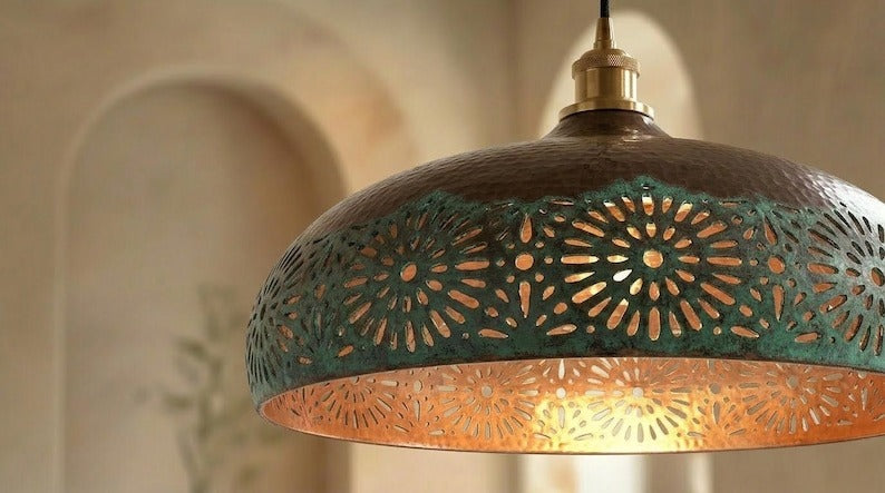 Handmade Moroccan Brass Pendant Light – Dark Bronze Dome with Green Verdigris Floral Cutouts and Warm Copper Interior