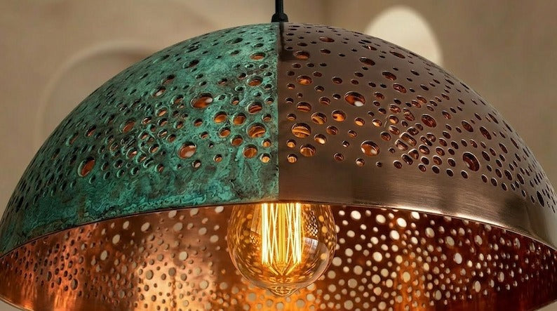 Handmade Moroccan Brass Pendant Light – Two-Tone Green Verdigris and Dark Bronze Pierced Dome Lamp with Warm Copper Interior