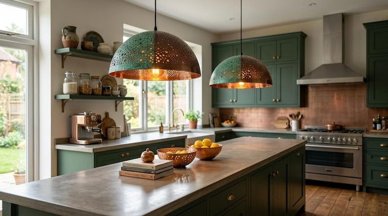 Handmade Moroccan Brass Pendant Light – Two-Tone Green Verdigris and Dark Bronze Pierced Dome Lamp with Warm Copper Interior
