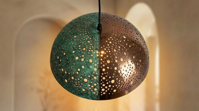 Handmade Moroccan Brass Pendant Light – Two-Tone Green Verdigris and Dark Bronze Pierced Dome Lamp with Warm Copper Interior