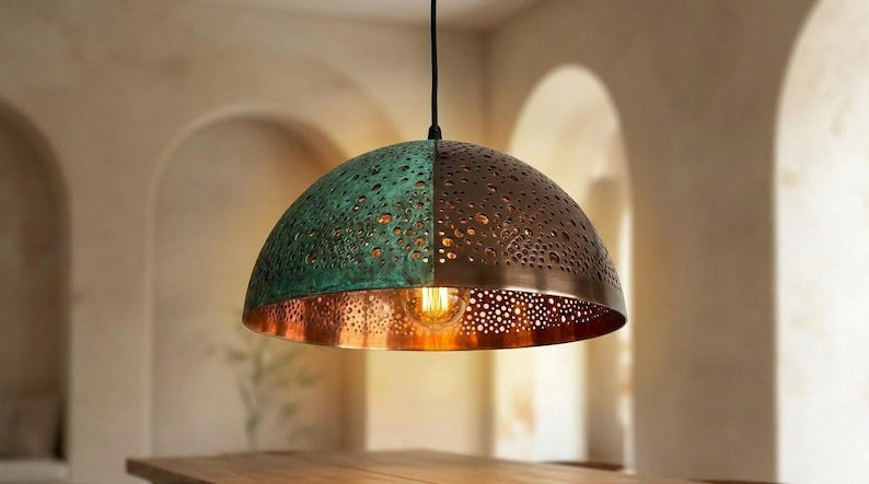 Handmade Moroccan Brass Pendant Light – Two-Tone Green Verdigris and Dark Bronze Pierced Dome Lamp with Warm Copper Interior