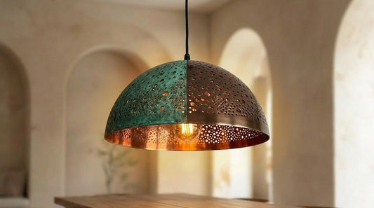 Handmade Moroccan Brass Pendant Light – Two-Tone Green Verdigris and Dark Bronze Pierced Dome Lamp with Warm Copper Interior