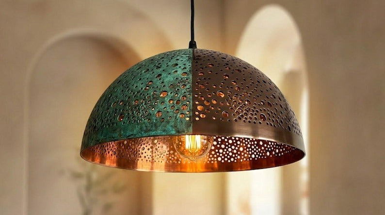 Handmade Moroccan Brass Pendant Light – Two-Tone Green Verdigris and Dark Bronze Pierced Dome Lamp with Warm Copper Interior