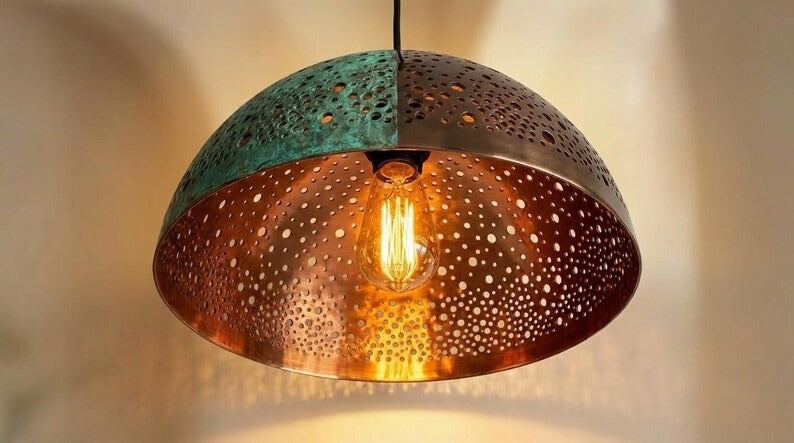 Handmade Moroccan Brass Pendant Light – Two-Tone Green Verdigris and Dark Bronze Pierced Dome Lamp with Warm Copper Interior
