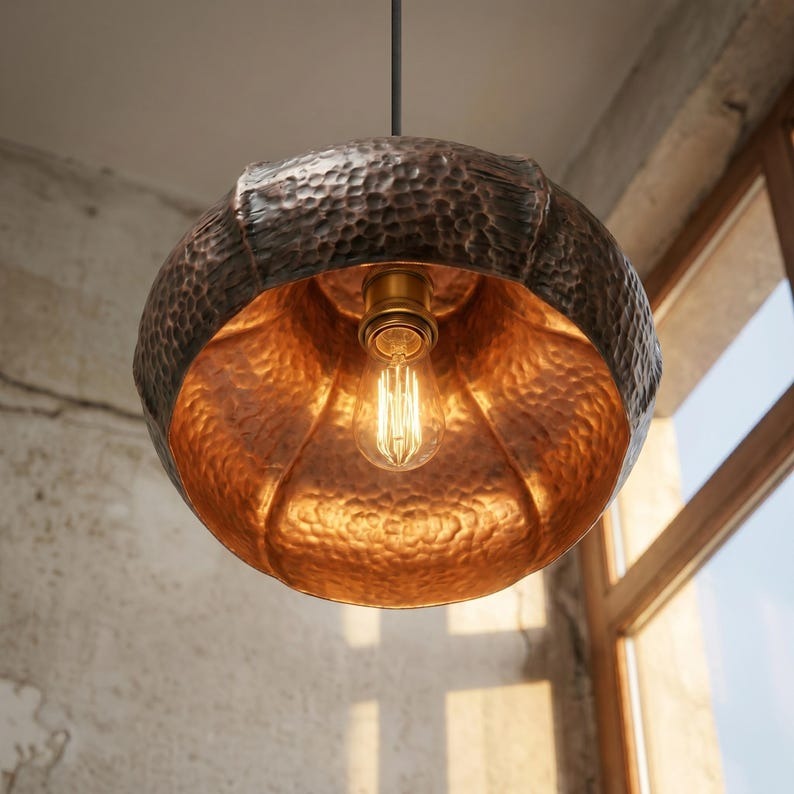 Handmade Moroccan Brass Pendant Light – Hammered Dark Copper Finish Scalloped Dome Ceiling Lamp, Rustic Kitchen Island & Dining Room Lighting