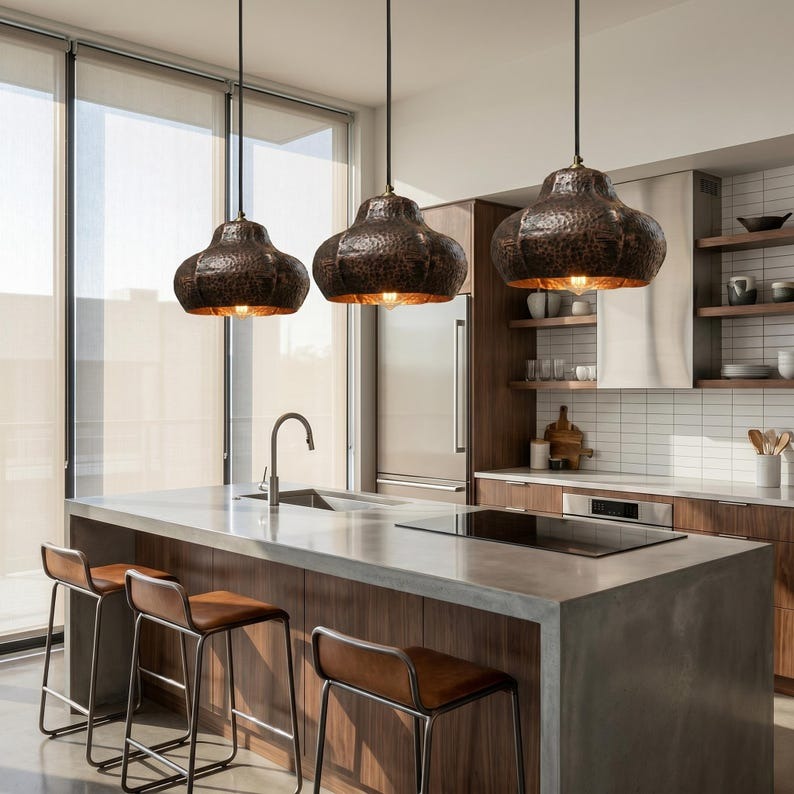 Handmade Moroccan Brass Pendant Light – Hammered Dark Copper Finish Scalloped Dome Ceiling Lamp, Rustic Kitchen Island & Dining Room Lighting