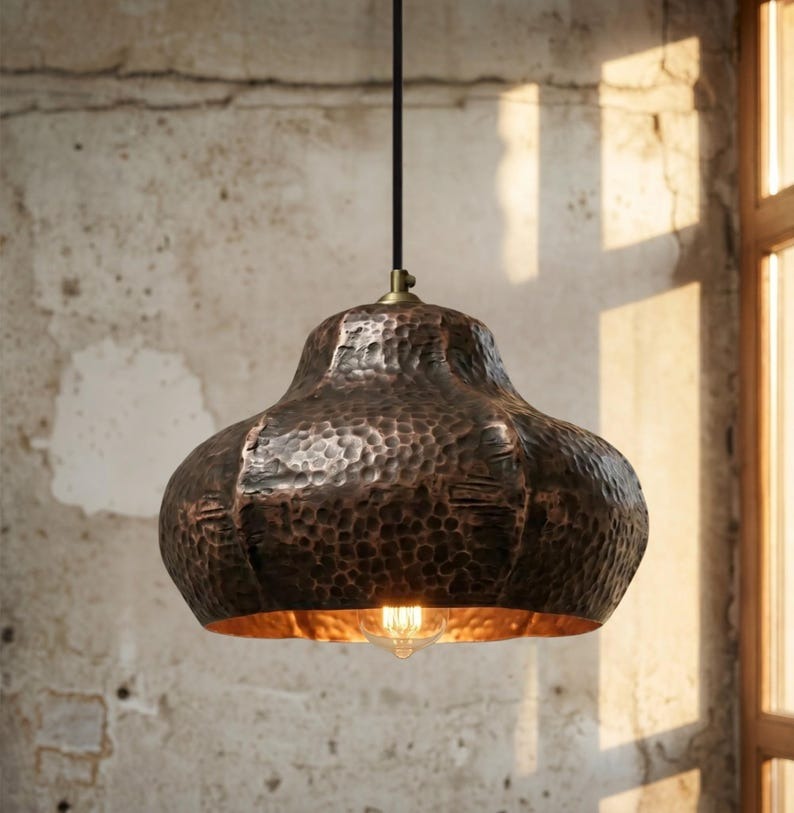 Set of 3 Handmade Moroccan Brass Pendant Lights – Hammered Dark Copper Finish Sculptural Dome Ceiling Lamps, Kitchen Island & Dining Room Lighting
