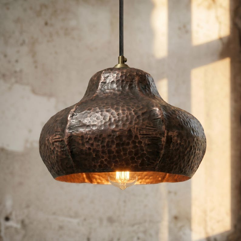 Handmade Moroccan Brass Pendant Light – Hammered Dark Copper Finish Scalloped Dome Ceiling Lamp, Rustic Kitchen Island & Dining Room Lighting