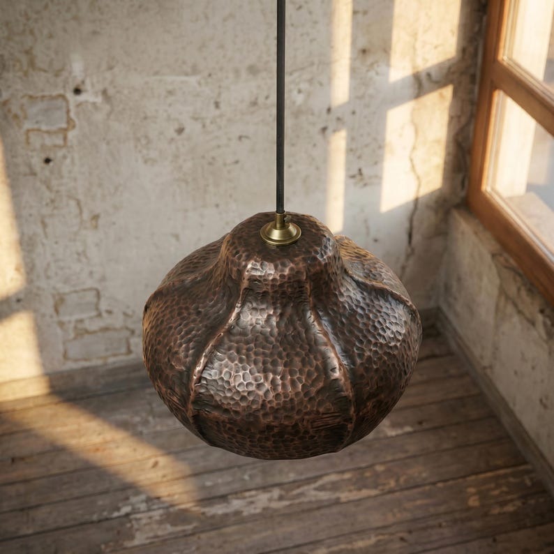 Handmade Moroccan Brass Pendant Light – Hammered Dark Copper Finish Scalloped Dome Ceiling Lamp, Rustic Kitchen Island & Dining Room Lighting