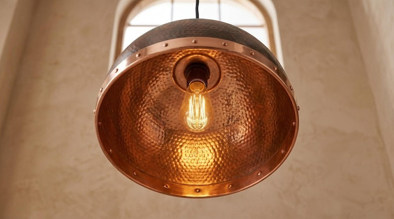Handmade Brass Moroccan Dome Pendant Light – Dark Hammered Brass Hanging Lamp with Verdigris Patina & Polished Copper Riveted Band, Rustic Kitchen Island Ceiling Fixture