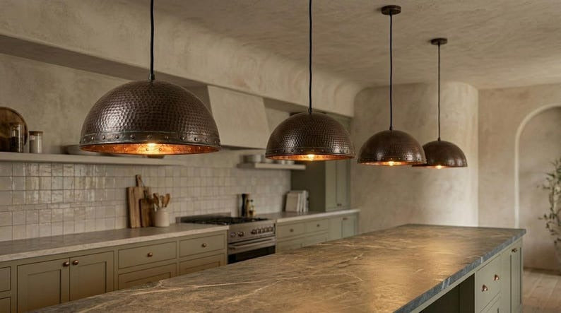 Handmade Brass Moroccan Dome Pendant Light – Dark Hammered Brass Hanging Lamp with Riveted Band & Copper Interior, Rustic Kitchen Island Ceiling Fixture