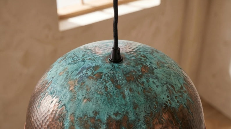 Handmade Brass Moroccan Dome Pendant Light – Dark Hammered Brass Hanging Lamp with Verdigris Patina & Polished Copper Riveted Band, Rustic Kitchen Island Ceiling Fixture