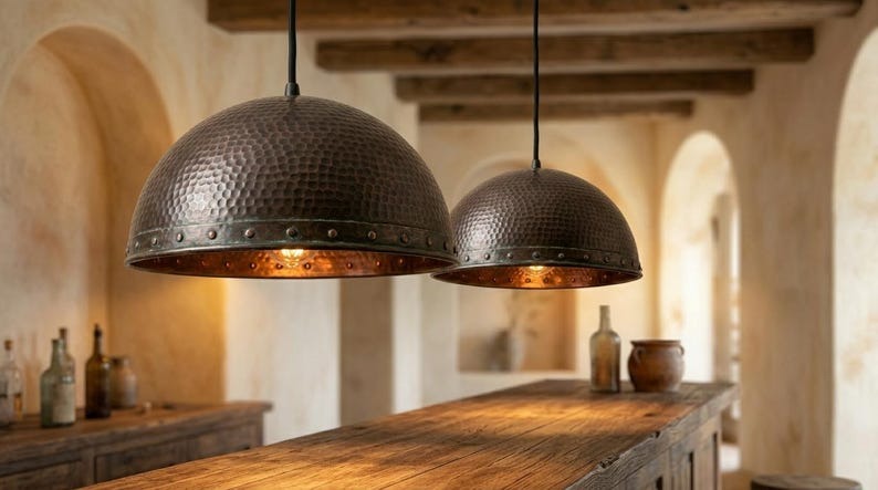 Handmade Brass Moroccan Dome Pendant Light – Dark Hammered Brass Hanging Lamp with Riveted Band & Copper Interior, Rustic Kitchen Island Ceiling Fixture