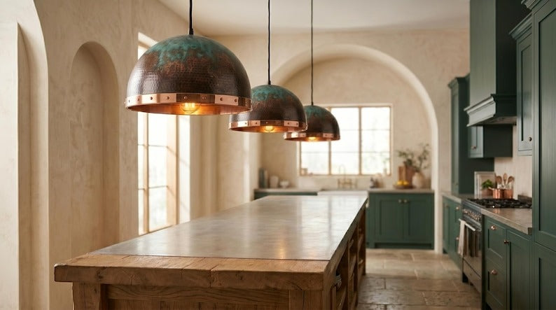 Handmade Brass Moroccan Dome Pendant Light – Dark Hammered Brass Hanging Lamp with Verdigris Patina & Polished Copper Riveted Band, Rustic Kitchen Island Ceiling Fixture