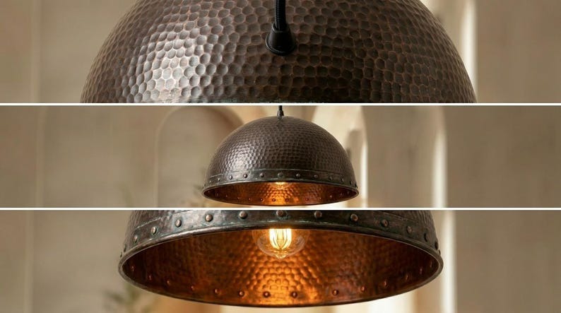 Handmade Brass Moroccan Dome Pendant Light – Dark Hammered Brass Hanging Lamp with Riveted Band & Copper Interior, Rustic Kitchen Island Ceiling Fixture